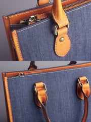 Large Capacity Denim Tote Bag for Women – Genuine Leather Handle Handbag