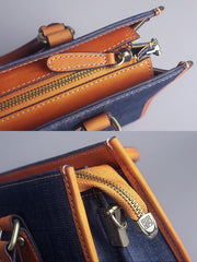 Large Capacity Denim Tote Bag for Women – Genuine Leather Handle Handbag