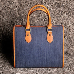 Large Capacity Denim Tote Bag for Women – Genuine Leather Handle Handbag
