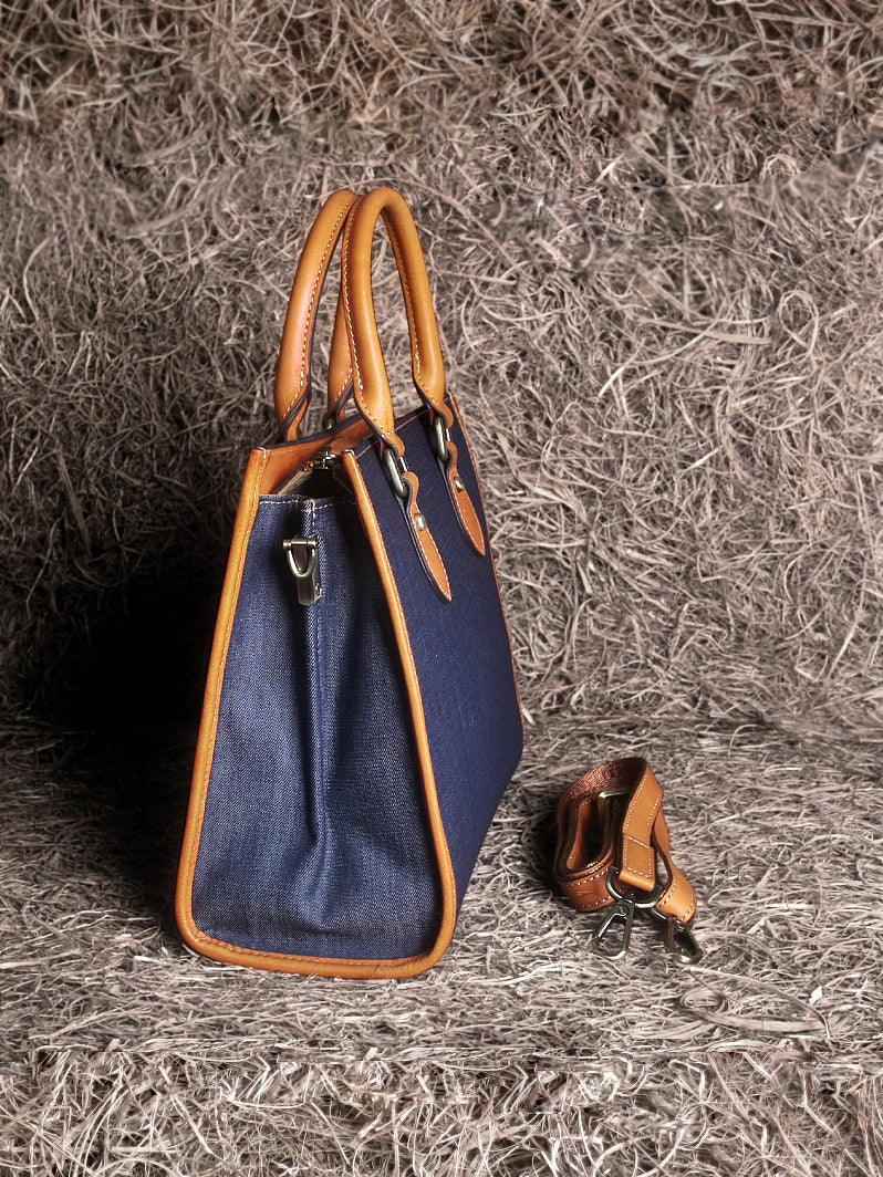 Large Capacity Denim Tote Bag for Women – Genuine Leather Handle Handbag