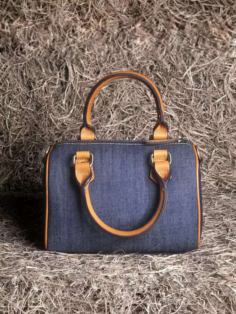 Denim Patchwork Leather Boston Bag – Women’s Small Genuine Leather Handbag