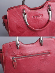 Elegant Leather Winged Tote – Women’s Full-Grain Handbag with Metal Top Handles & Compartments