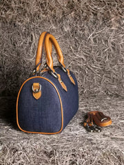 Denim Patchwork Leather Boston Bag – Women’s Small Genuine Leather Handbag