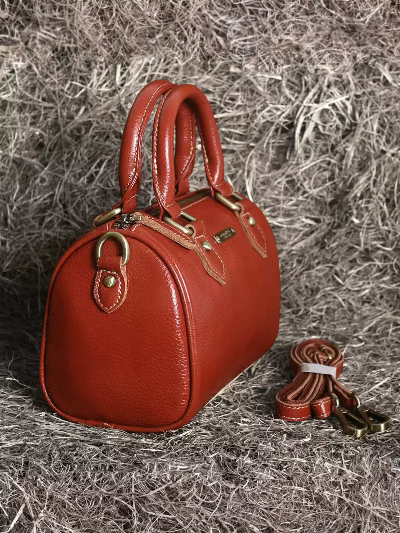 Elegant Leather Boston Pillow Bag – Women’s Full-Grain Small Tote & Crossbody Handbag