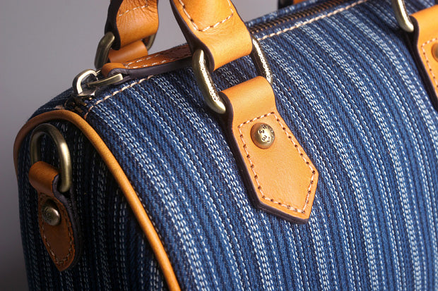 Denim Patchwork Leather Boston Bag – Women’s Small Genuine Leather Handbag