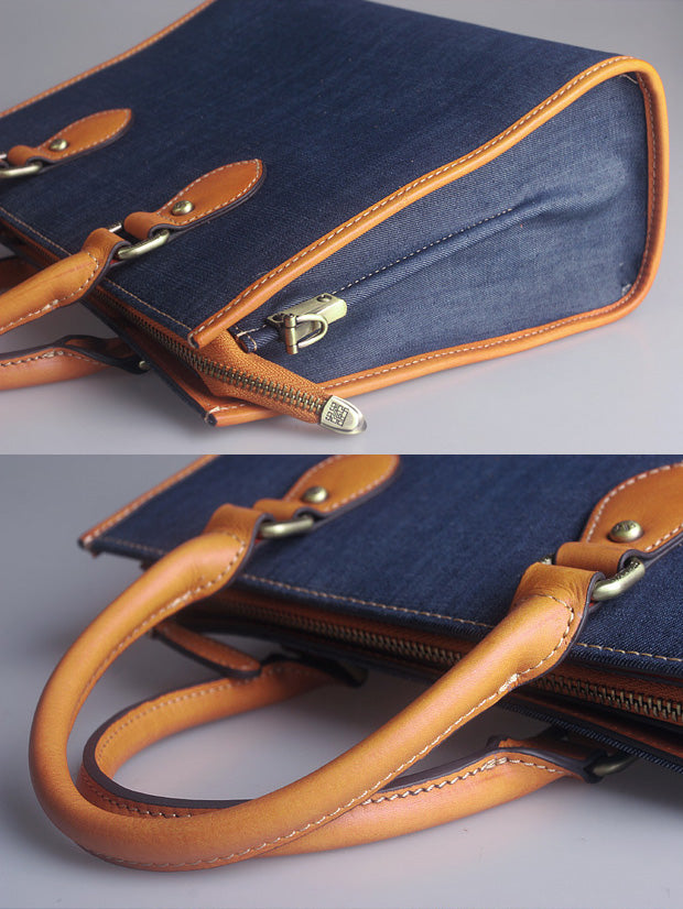 Large Capacity Denim Tote Bag for Women – Genuine Leather Handle Handbag
