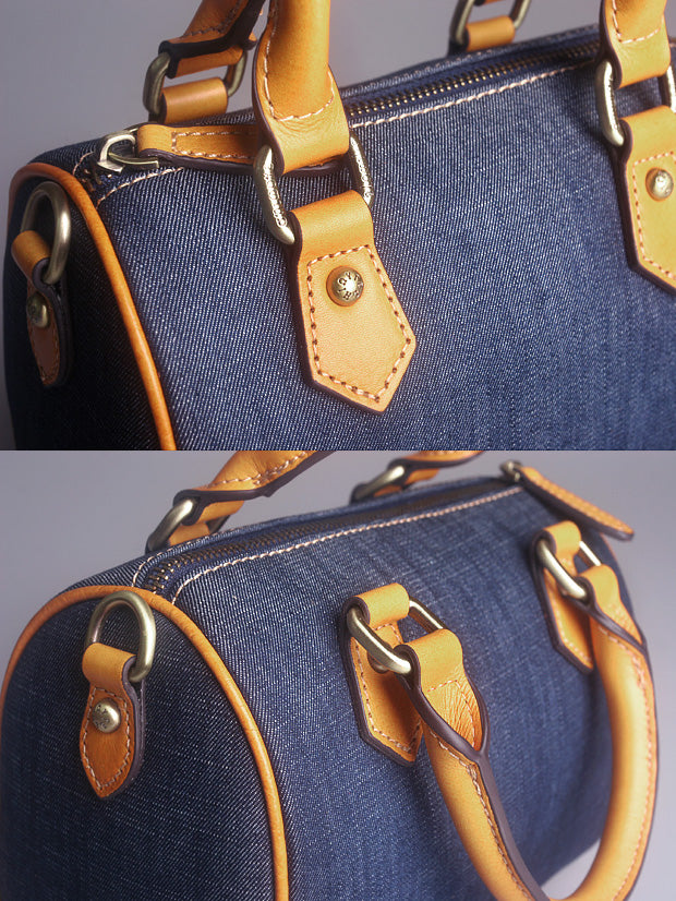 Denim Patchwork Leather Boston Bag – Women’s Small Genuine Leather Handbag