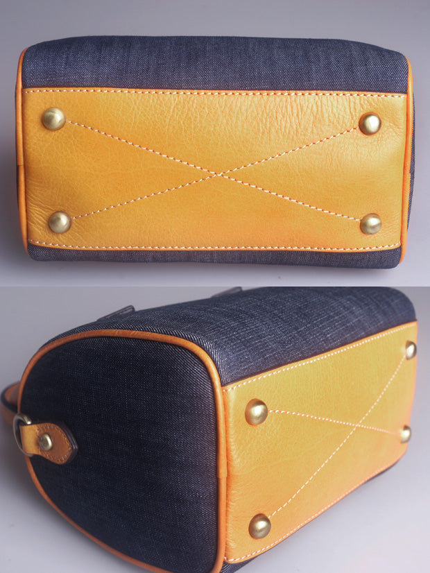 Denim Patchwork Leather Boston Bag – Women’s Small Genuine Leather Handbag