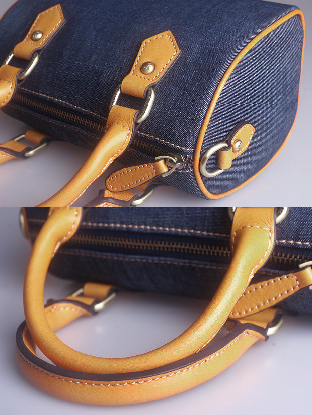 Denim Patchwork Leather Boston Bag – Women’s Small Genuine Leather Handbag