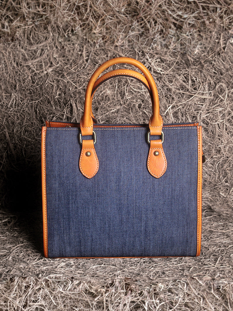 Large Capacity Denim Tote Bag for Women – Genuine Leather Handle Handbag