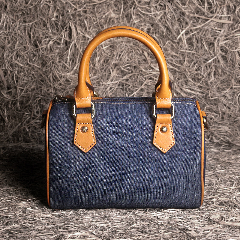 Denim Patchwork Leather Boston Bag – Women’s Small Genuine Leather Handbag