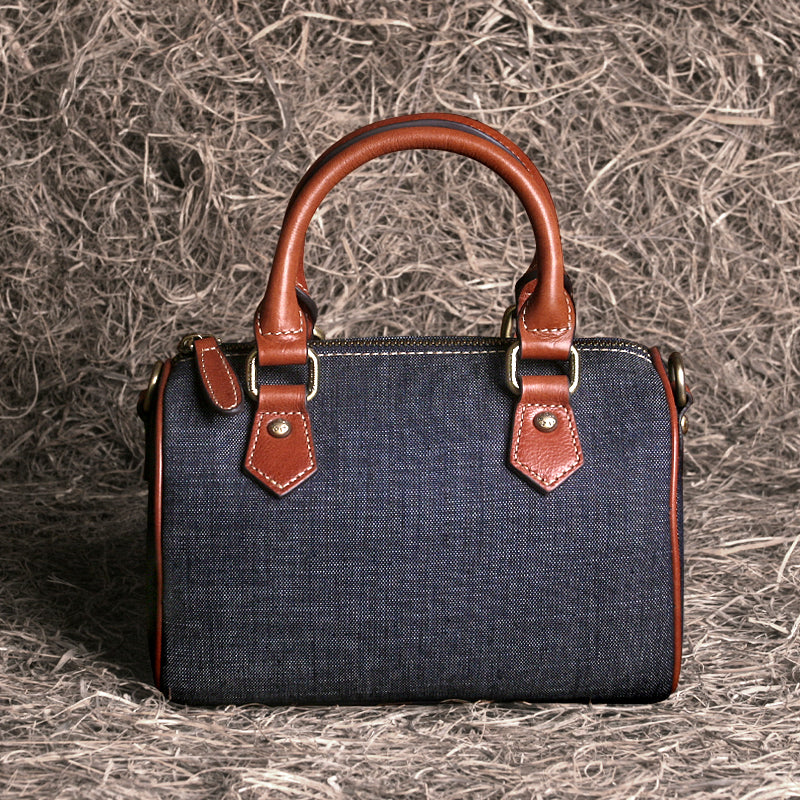 Denim Patchwork Leather Boston Bag – Women’s Small Genuine Leather Handbag