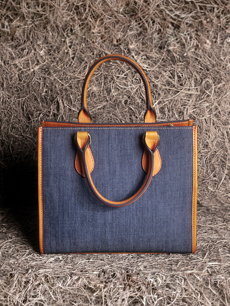 Large Capacity Denim Tote Bag for Women – Genuine Leather Handle Handbag