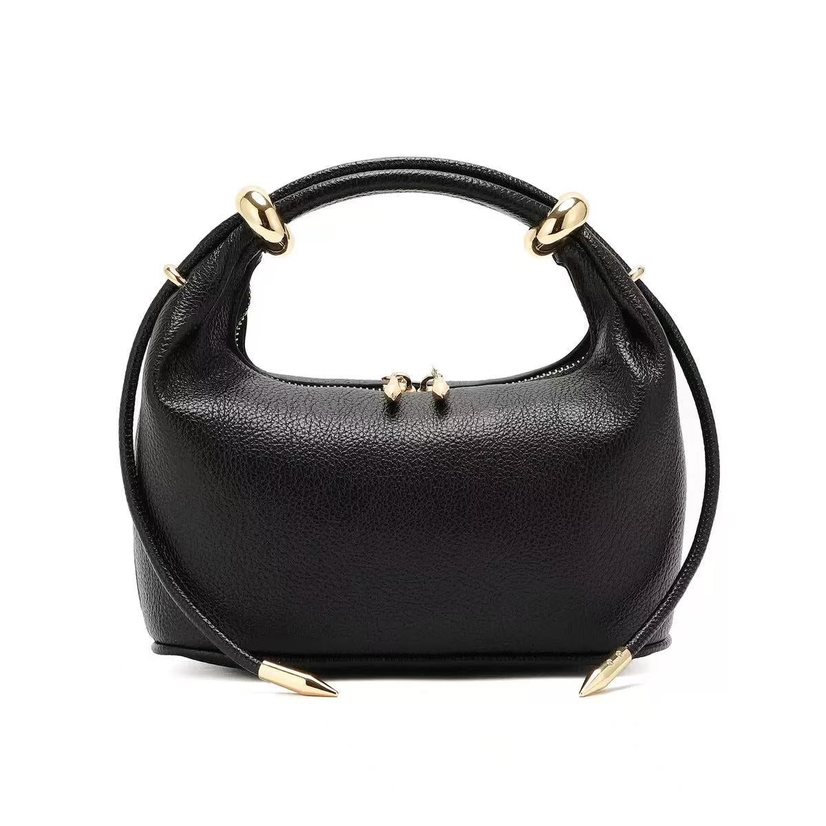 Black Pebbled Faux Leather Mini Hobo Bag, Gold Hardware Top Handle Crossbody Purse