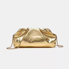 Metallic Gold Ruched Clutch Bag with Chain Strap, Evening Shoulder Purse