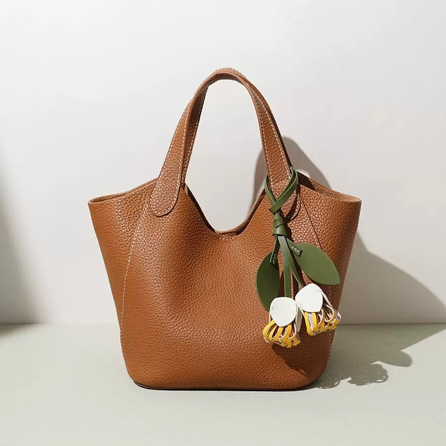 Pebbled Leather  Basket Tote Handbag