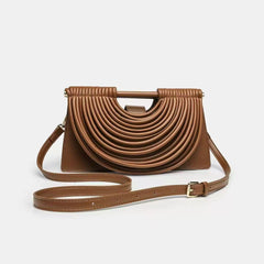 Brown Faux Leather Woven Fan Shape Shoulder Bag, Adjustable Crossbody Purse
